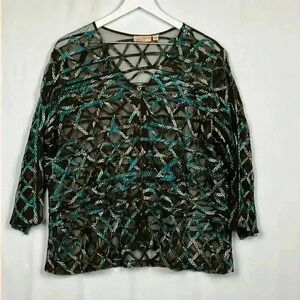 Choices Womens Top Teal White Brown XL V-Neck Zip Front Gauzy 3/4 Sleeve Dressy